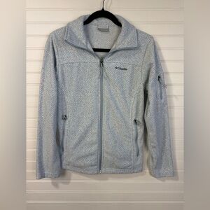 Columbia women’s herringbone pattern blue and white zip up fleece jacket. Size S